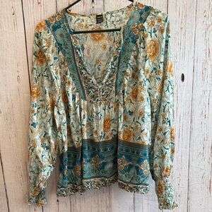 SHEIN Floral Print Blouse - Blue and Yellow